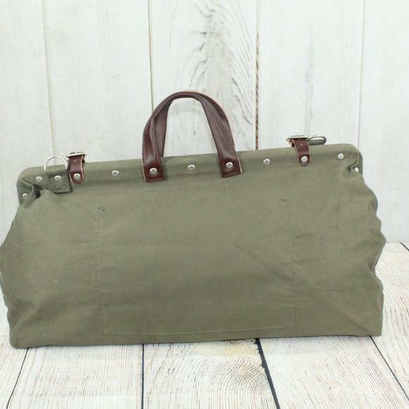 Green Canvas Leather Handle Studded Metal Clasp Heavy Duty Tool Bag - Picture 5 of 10
